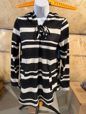 Black & White Striped Hooded Pullover with Front Pocket